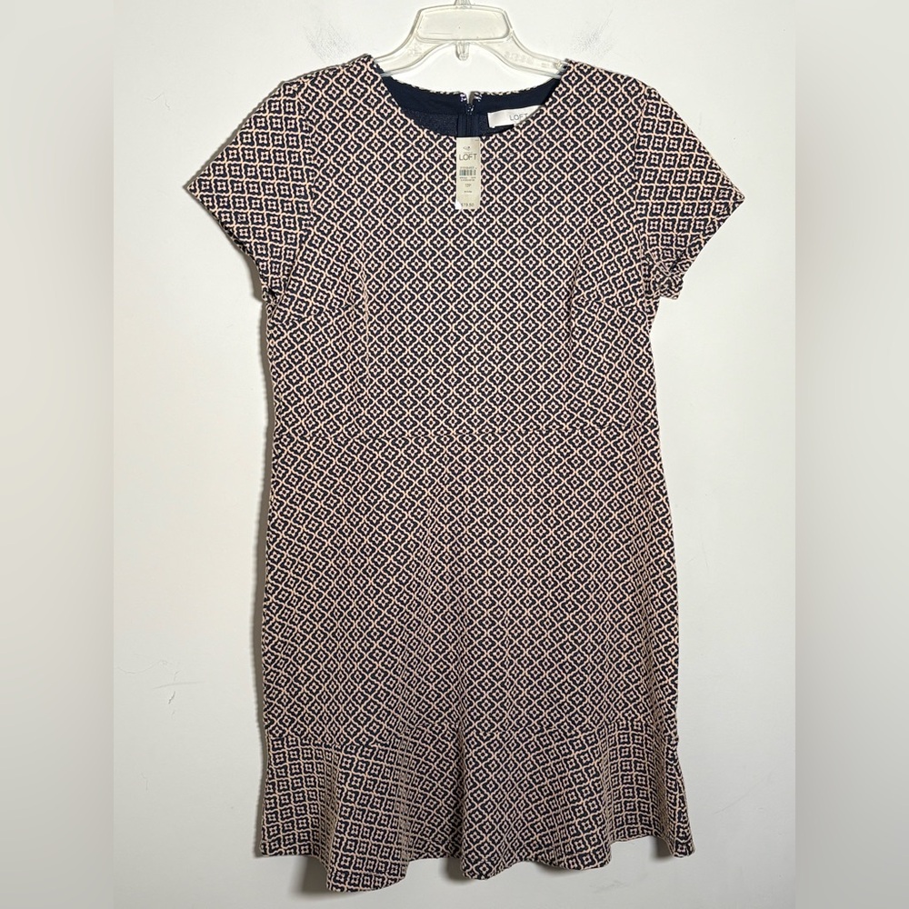 LOFT Navy and Tan Diamond Print Midi Dress. Size 12P anew WITH TAGS